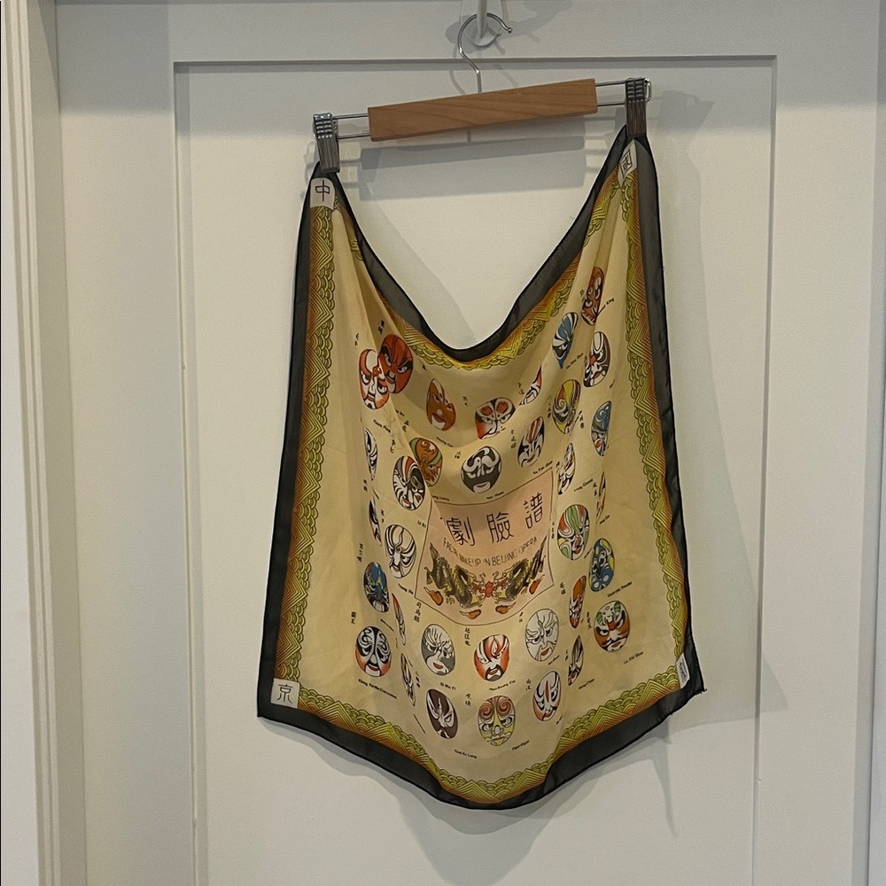 Vintage Style Silk Scarf – Chinese Opera Mask Print – 21” x 21